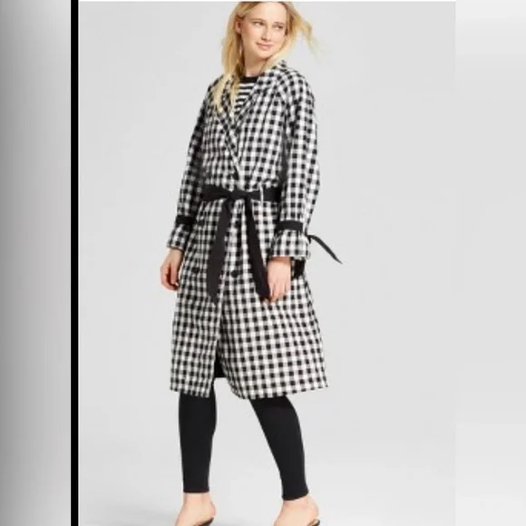 Black & White Gingham Belted Trench Coat - Picture 2 of 6